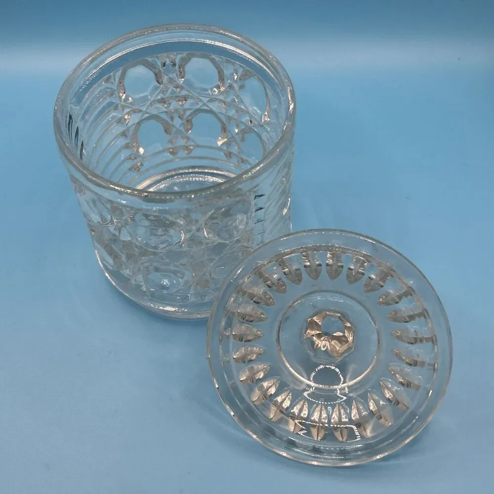 Federal Clear Glass Windsor Cane & Button Sugar Bowl with Lid &Grove for a Spoon